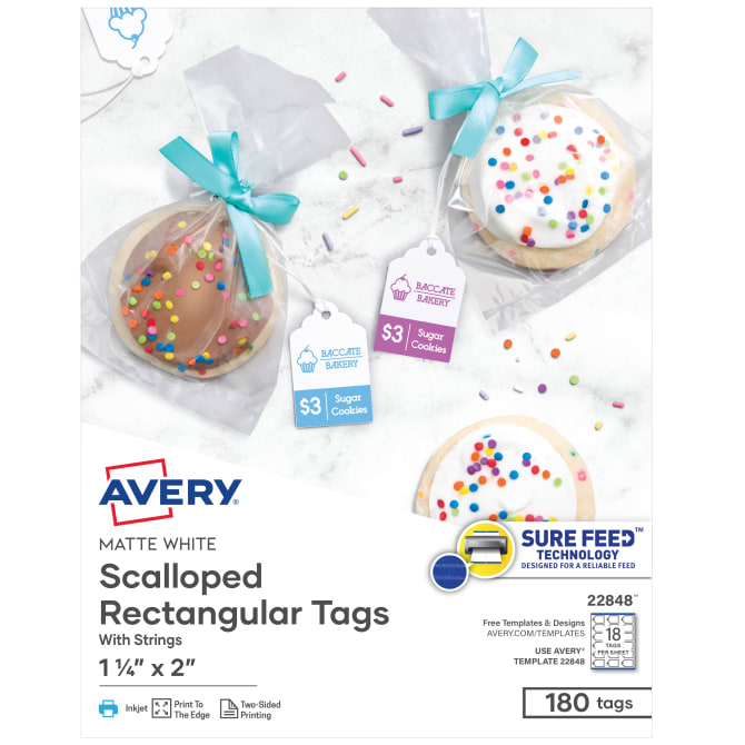 Avery(R) Scalloped Tags with Sure Feed(R), 2" x 11/4", White, 180